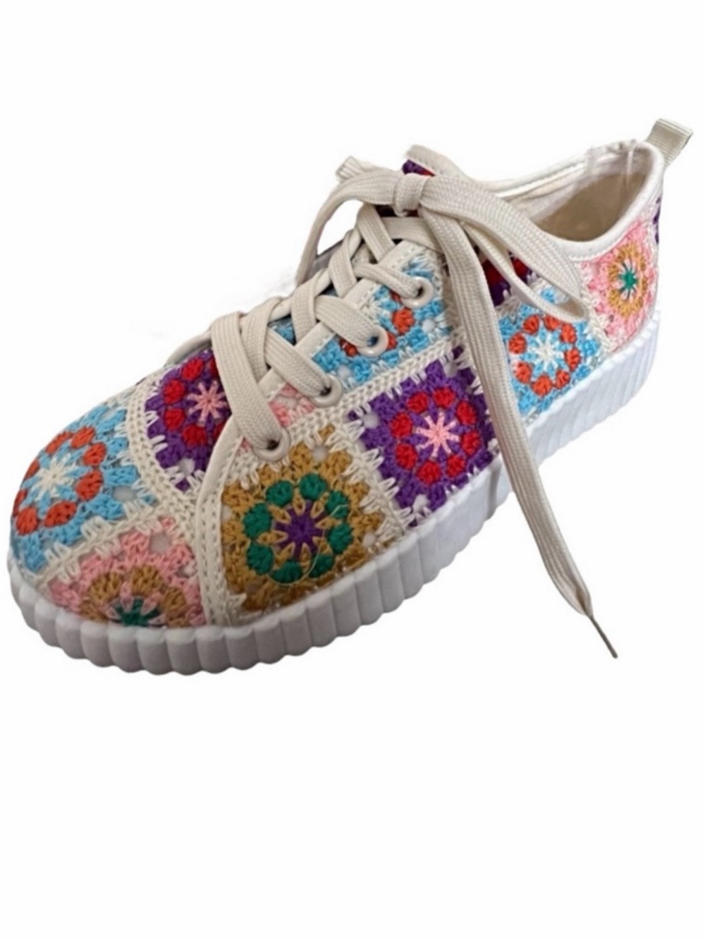 Taxi crochet platform sneaker  colorful boho bohemian grandma patch 7.5 NWOT